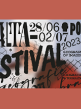 Festival poster with information about the event on light blue and red background.
