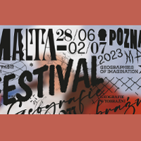 Festival poster with information about the event on light blue and red background.