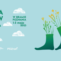 Event poster in blue, green and white colours: drawings of a few clouds and a pair of shoes fulfilled with flowers.