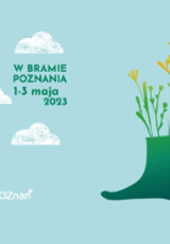 Event poster in blue, green and white colours: drawings of a few clouds and a pair of shoes fulfilled with flowers.