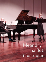 Picture promoting the concert - two people in black clothing on the stage - a woman playing flute and a man playing piano