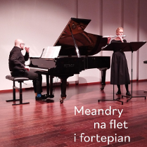 Picture promoting the concert - two people in black clothing on the stage - a woman playing flute and a man playing piano