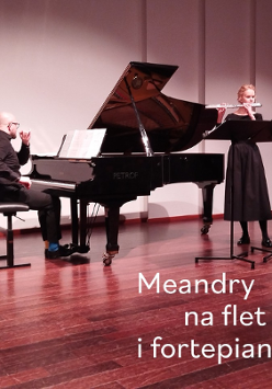 Picture promoting the concert - two people in black clothing on the stage - a woman playing flute and a man playing piano