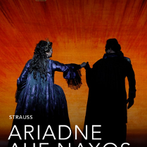Event poster: a woman in a wide, navy blue dress with a tiara on her head, holding the hand of a man standing in the shadow. Orange-red background