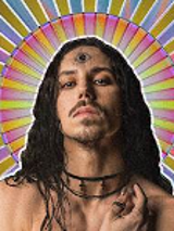 Colourful photo of Michał Szpak who is stylized as Christ with aureole