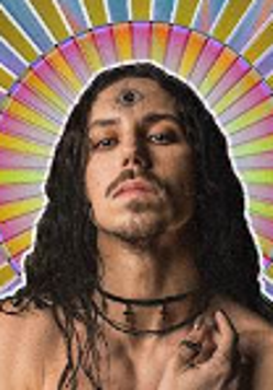 Colourful photo of Michał Szpak who is stylized as Christ with aureole