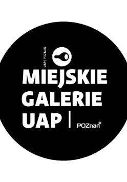 Name "Miejskie Galerie UAP" in bold font on black circular background
