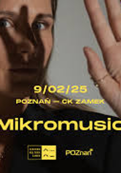 A photo of a face of a woman looking into the camera. Her left hand is raised, and her fingers cast a shadow across her face. This photo is a backdrop for information about the concert written in yellow font.