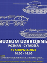 Poster with information about the event and drawings of military vehicles. Dark blue background.