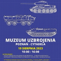Poster with information about the event and drawings of military vehicles. Dark blue background.