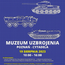 Poster with information about the event and drawings of military vehicles. Dark blue background.