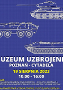Poster with information about the event and drawings of military vehicles. Dark blue background.
