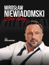 Poster advertising the concert with a portrait of the artist with frowned forehead, unbuttoned top button of his white shirt and untied bowtie