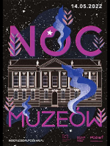 Event poster - drawing of the building on a black background and violet inscription "Noc muzeów".