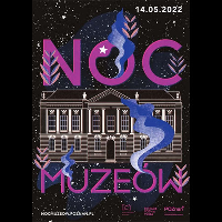 Event poster - drawing of the building on a black background and violet inscription "Noc muzeów".