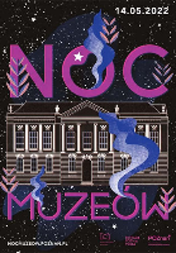 Event poster - drawing of the building on a black background and violet inscription "Noc muzeów".