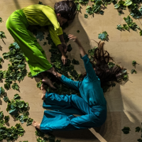 Two dancers - one in green, another in blue clothes - lying on the floor covered with green leaves.