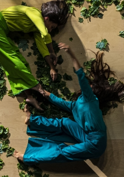 Two dancers - one in green, another in blue clothes - lying on the floor covered with green leaves.