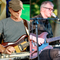 Picture consisting of two photos of two musicians playing guitars