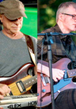 Picture consisting of two photos of two musicians playing guitars