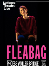 The poster shows a smiling woman - Phoebe Waller-Bridge - in navy blue trousers and a loose purple sweater, sitting on a high chair. He looks up.