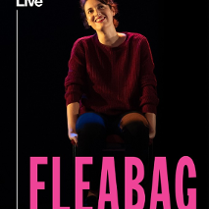 The poster shows a smiling woman - Phoebe Waller-Bridge - in navy blue trousers and a loose purple sweater, sitting on a high chair. He looks up.