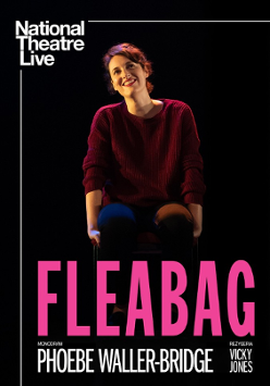 The poster shows a smiling woman - Phoebe Waller-Bridge - in navy blue trousers and a loose purple sweater, sitting on a high chair. He looks up.