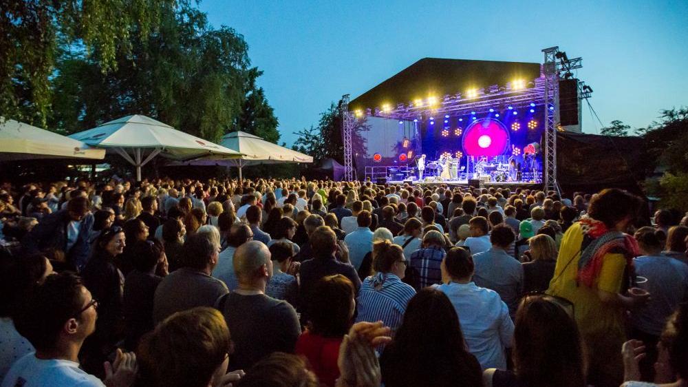 The picture presents a crowd of people standing in front of a stage. The stage is full of lights, the picture taken in the evening. - grafika artykułu