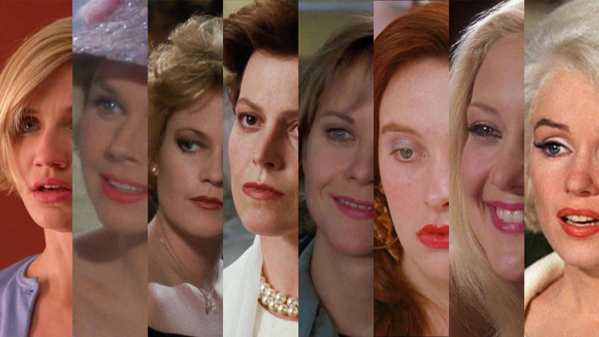 The picture divided into 8 stripes presenting parts of popular actresses' faces