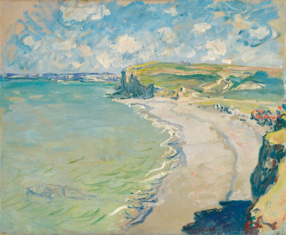The picture delicate and pale in color: the sea shore, empty beach, fields, blue sky with white clouds - grafika artykułu