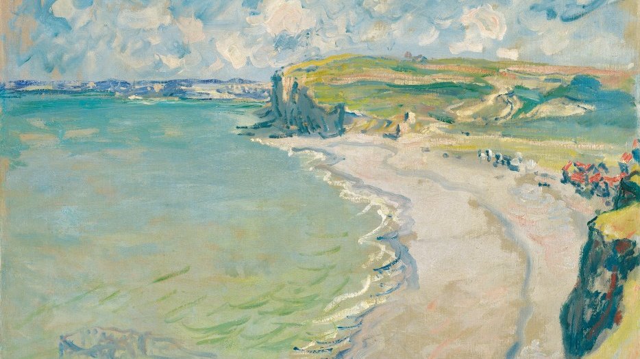 The picture delicate and pale in color: the sea shore, empty beach, fields, blue sky with white clouds