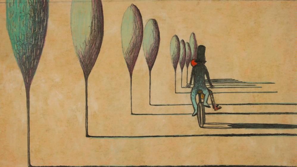 Frame from an animated film: a man on a bicycle seen from behind, riding along a road. Trees on the left.