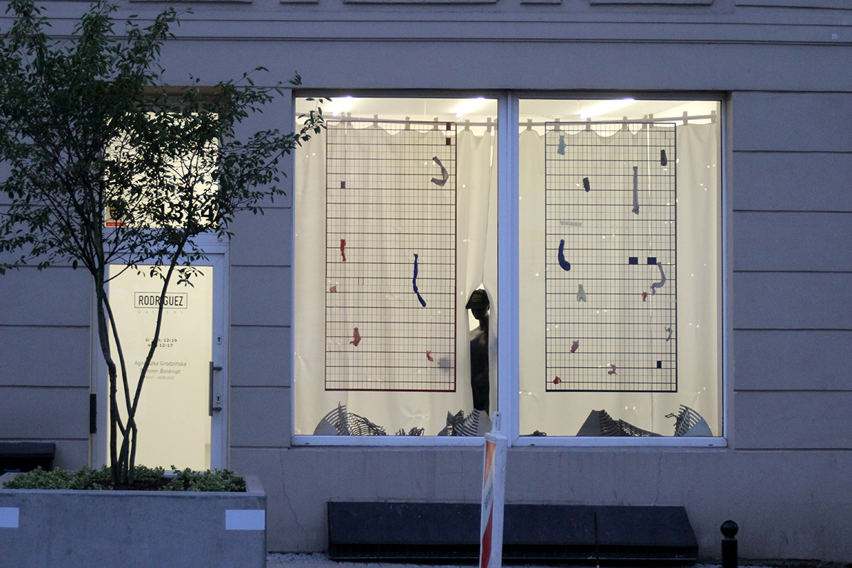 The entrance of Rodriguez Gallery in the evening: door and a big lighted window with elements of the exhibition. - grafika artykułu