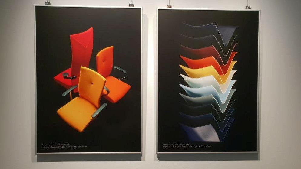 Photo of two pictures hanging on the wall: one presents three modern armchairs and another presents colourful parts of chairs.
