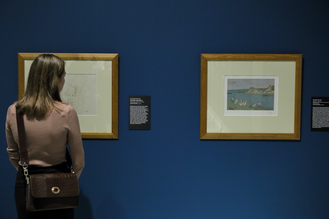 The picture from the exhibition: a woman watching two pictures hanging on a dark blue wall - grafika artykułu
