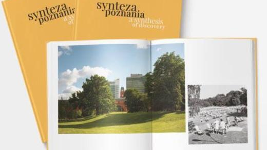 Picture of the book "A synthesis of discovery" - two books with yellow covers and one book open showing its inside with two photographs. On the right black lettering
