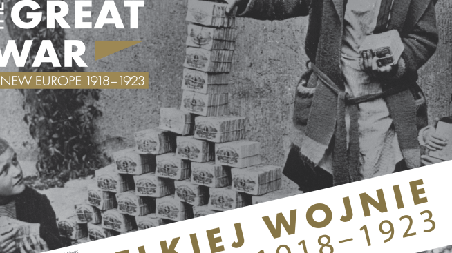 The poster contains the name of the exhibition in Polish and English, as well as photos. One shows children building a pyramid from packets of banknotes. In the second one, a group of people is bending over piles of bricks. The third photo shows a woman in fashionable clothes driving a car.