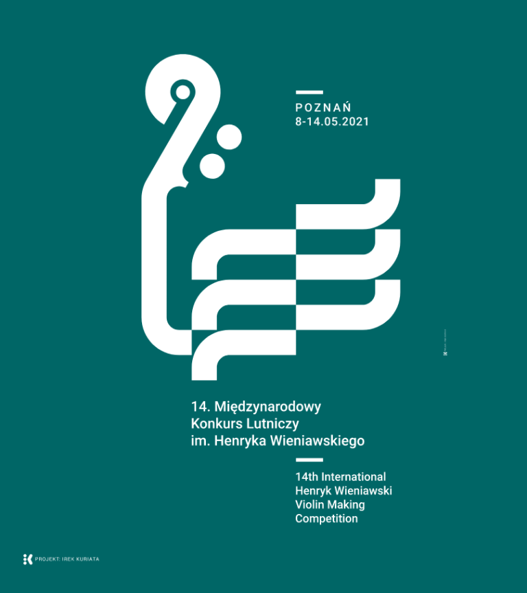 White graphic presenting a fragment of a violin on a dark green background. White captions on top and on the bottom of the picture. - grafika artykułu