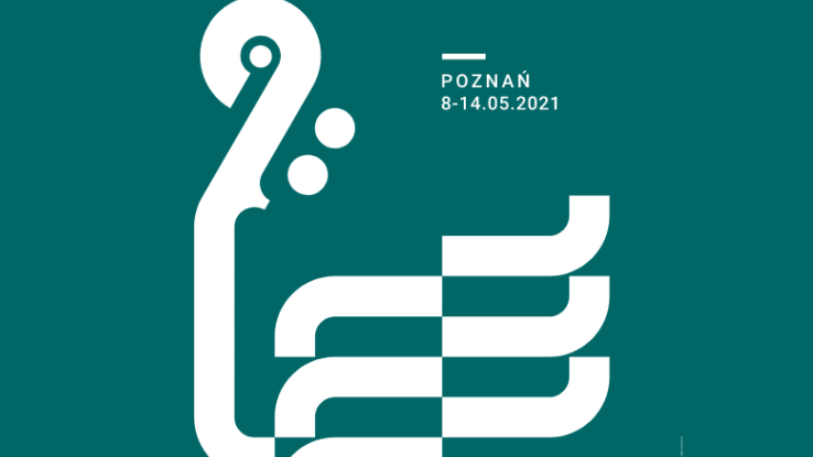 White graphic presenting a fragment of a violin on a dark green background. White captions on top and on the bottom of the picture.