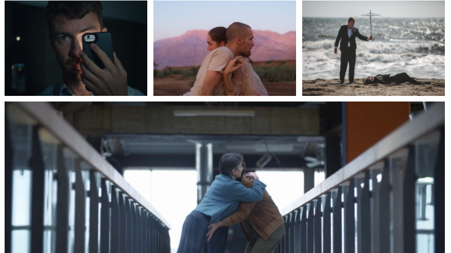 The composition of seven pictures from various films: 6 small pictures and one big picture of two people hugging on a bridge