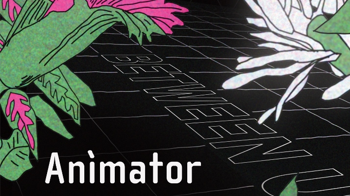 Festival poster. Picture of green, white and dark pink plants on the black background. In the bottom of the poster information about the Festival