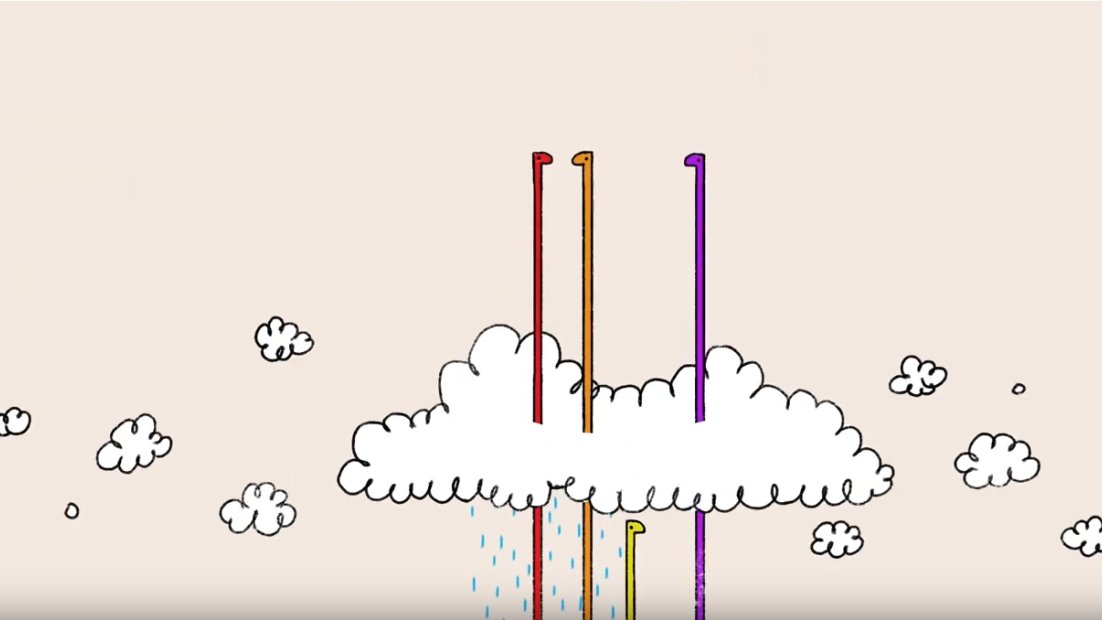 Picture of white clouds on light beige background. In the middle of picture - the biggest cloud through which go red, yellow and violet lines resembling necks of giraffes.