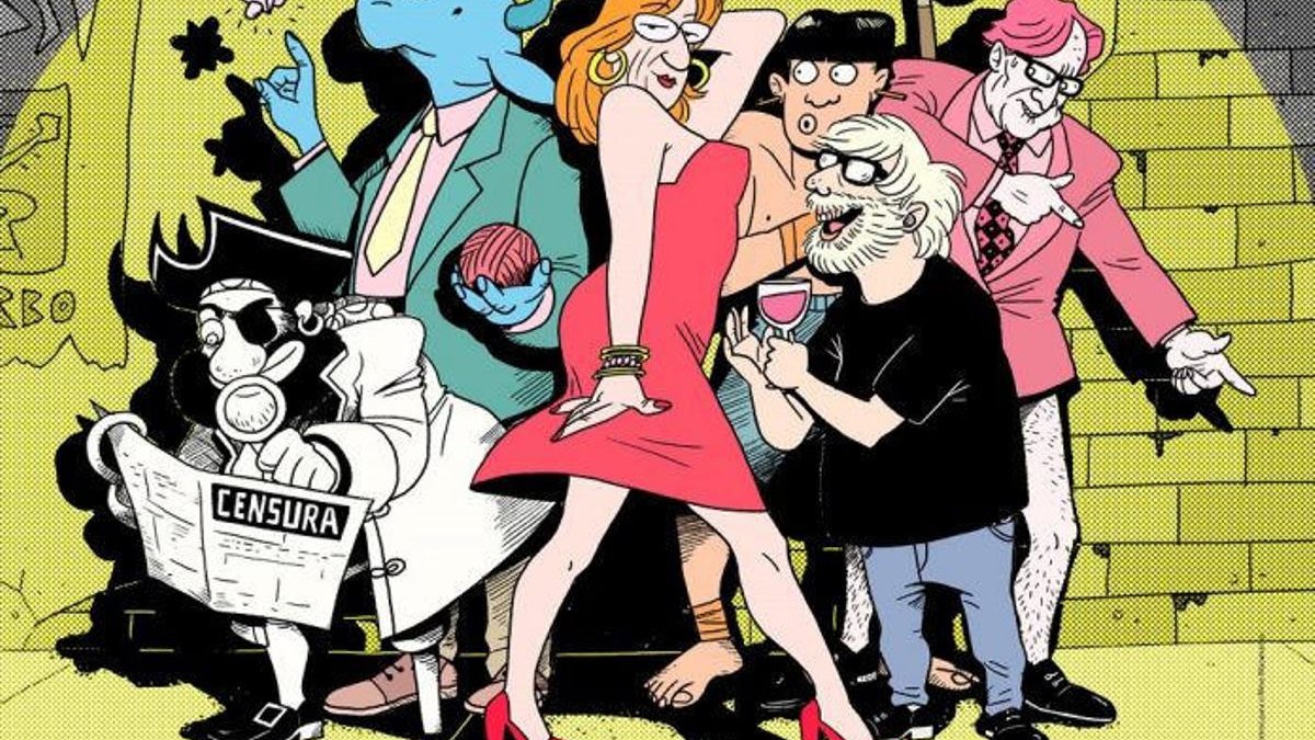 Colourful picture of various people in various garments and various poses; yellow wall in the background