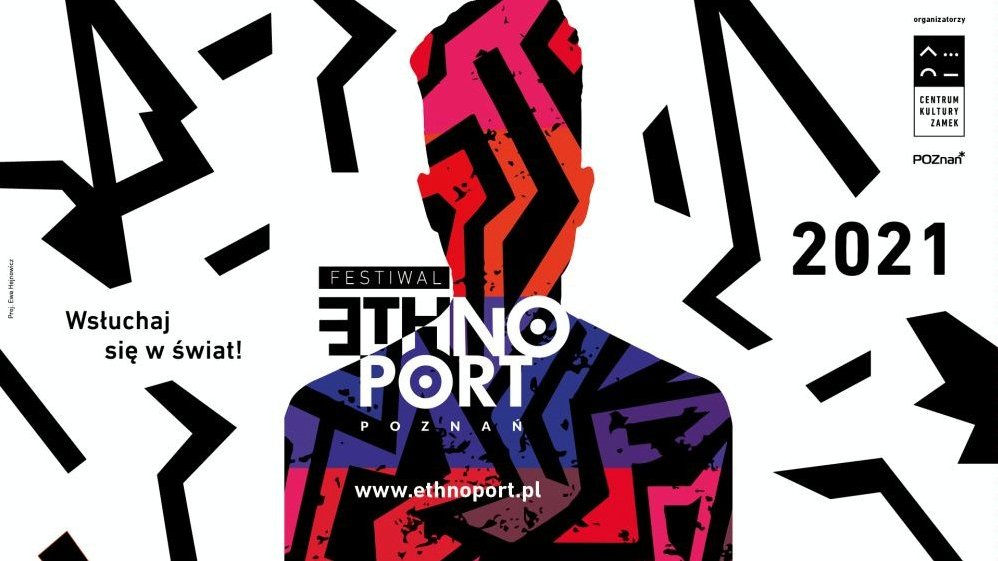 Silhouette of a man in orange, peach, pink, red, blue, purple and black colors on a white background. On the silhouette and next to it, there are inscriptions - information about the festival.