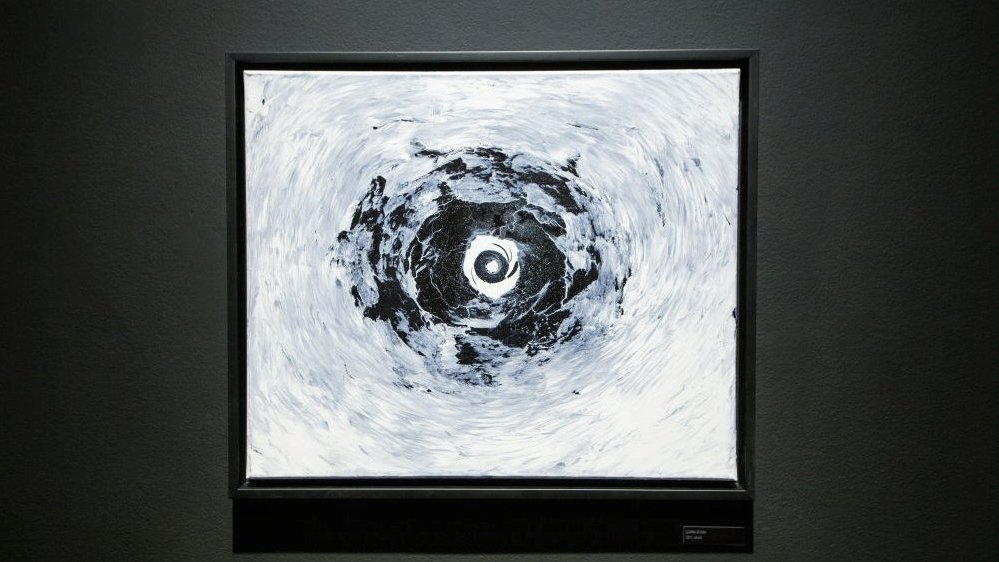 One of Noriaki's works - an abstract painting in grey-blue-white-black colours.