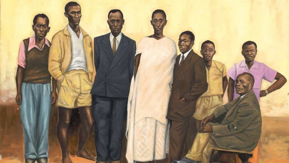 One of paintings from exhibition: a group of Congolese people; seven people standing and one sitting