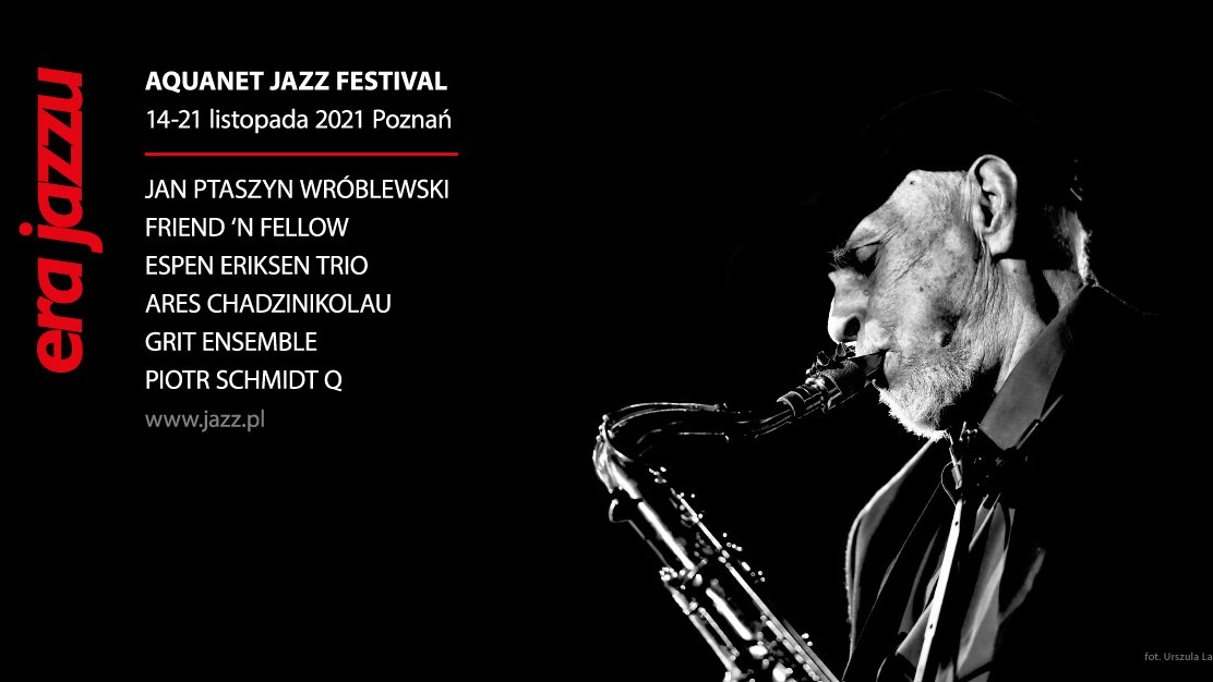 Event poster: photo of Jan Ptaszyn Wróblewski on black background. On the left - information about festival concerts. - grafika artykułu