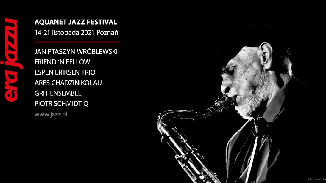 Event poster: photo of Jan Ptaszyn Wróblewski on black background. On the left - information about festival concerts.