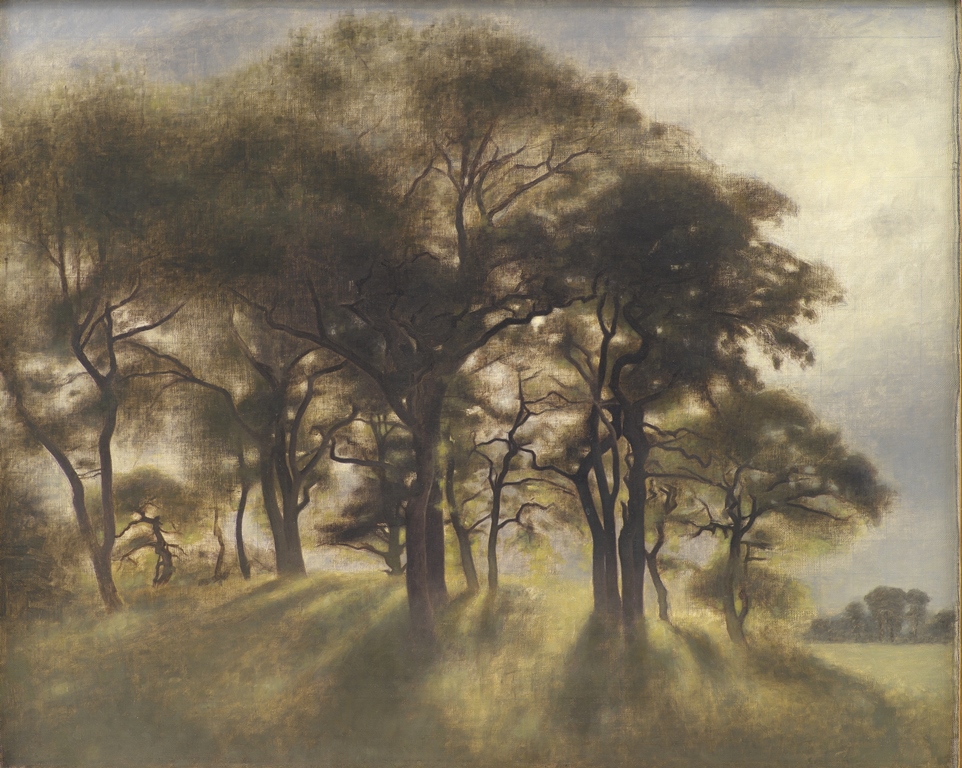 One of the artist's works: picture of dark trees on a slight hill, through which the rays of the sun are visible - grafika artykułu