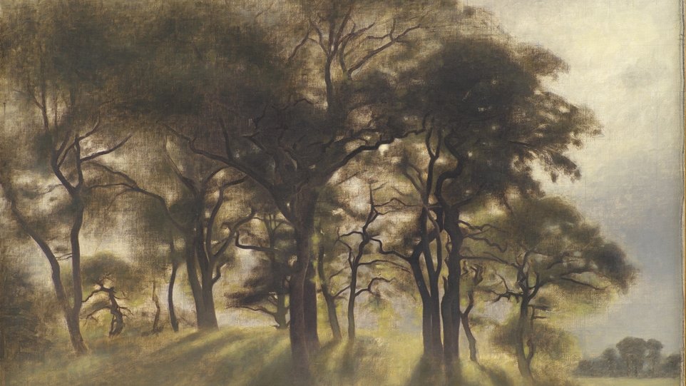One of the artist's works: picture of dark trees on a slight hill, through which the rays of the sun are visible